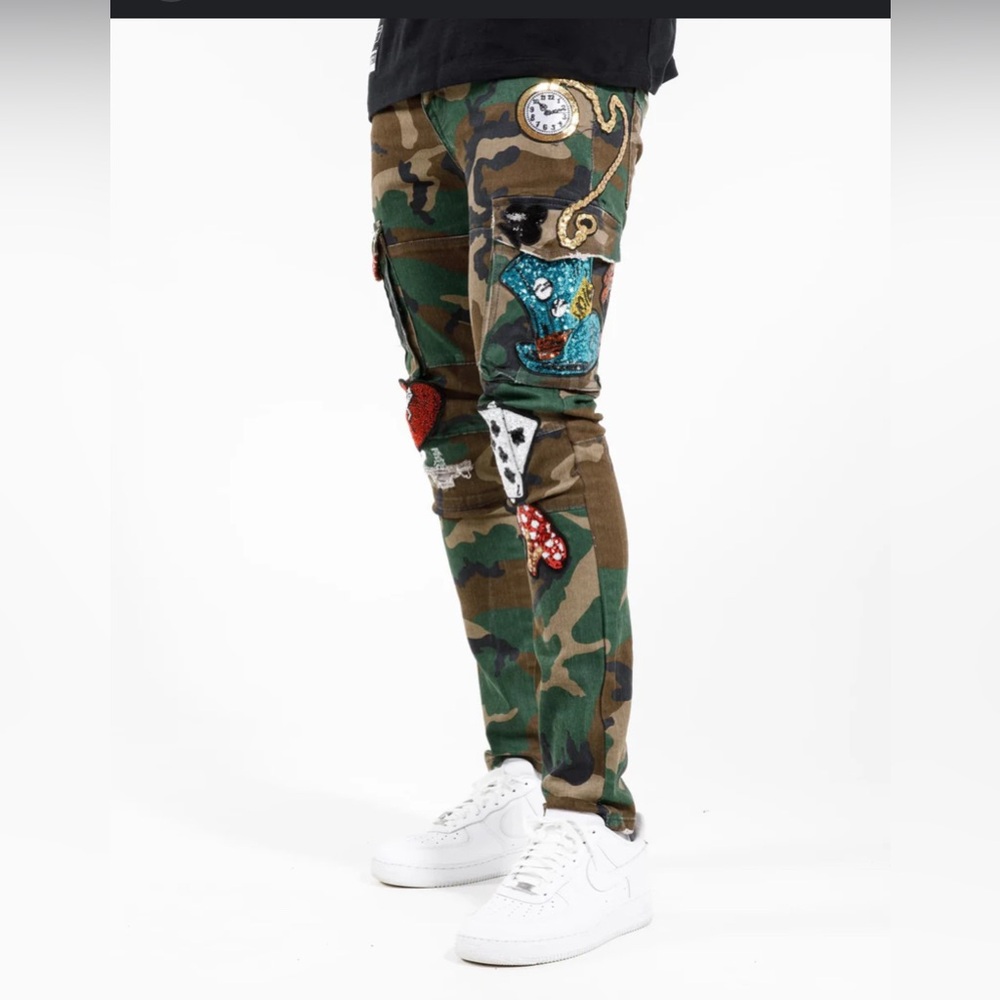 Cote De Nuits Mens Camo Designer Sequin Cargo Pocket Denim Straight Jeans 34 w - Picture 13 of 13
